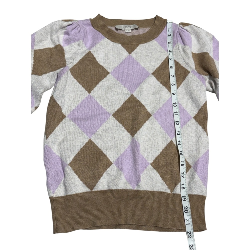 LOFT Argyle Sweater XS Pink Beige Cream Puff Sleeve Soft Knit Womens - Picture 4 of 6